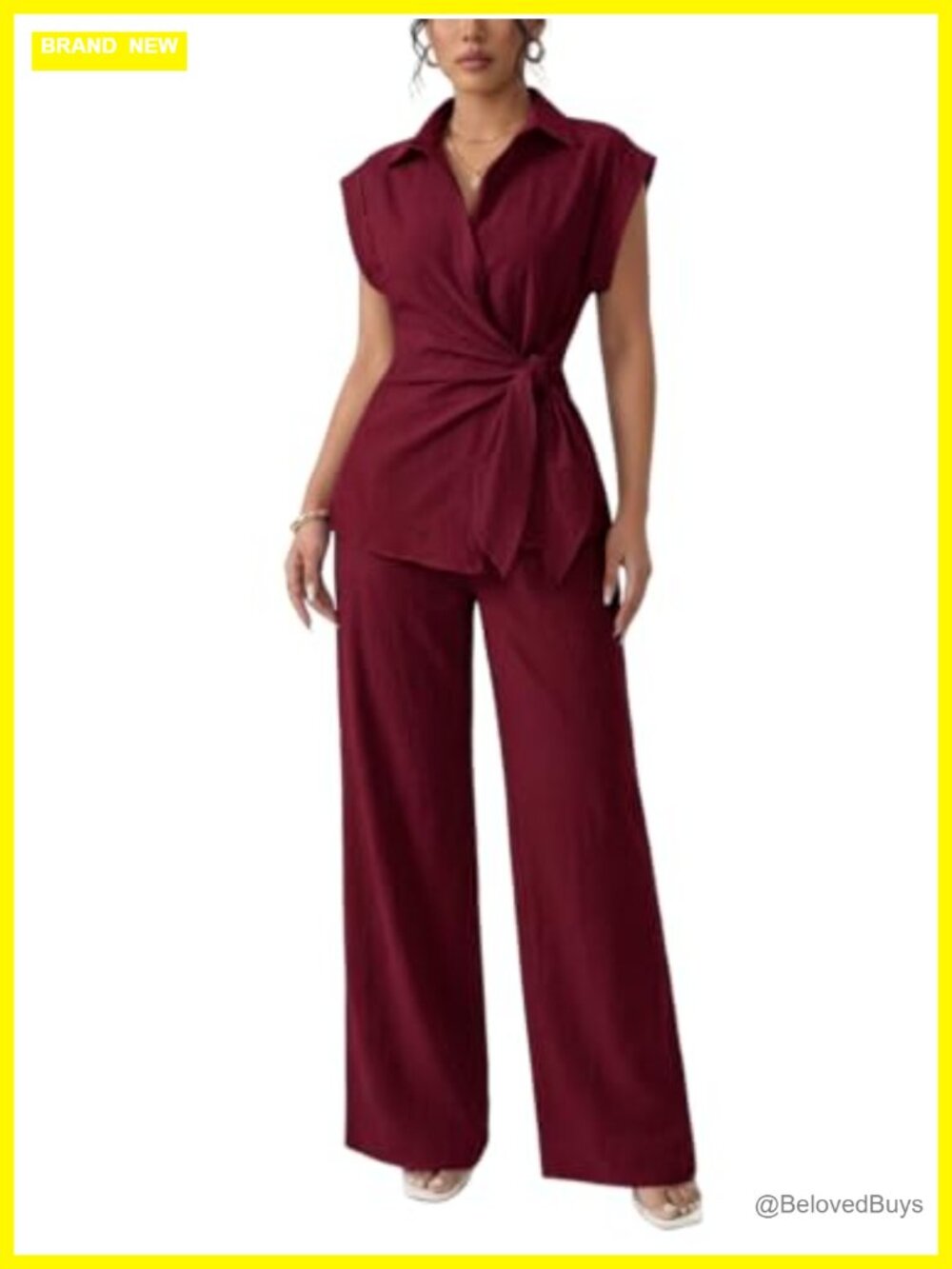 Womens Two Piece Set Cap Sleeve Tie Waist Shirt Wide Leg Pants